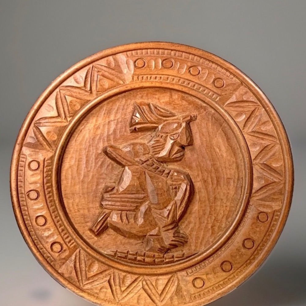 Vintage Hand Carved Wood Kneeling Mayan Aztec Warrior Wall Plaque Relief Decor